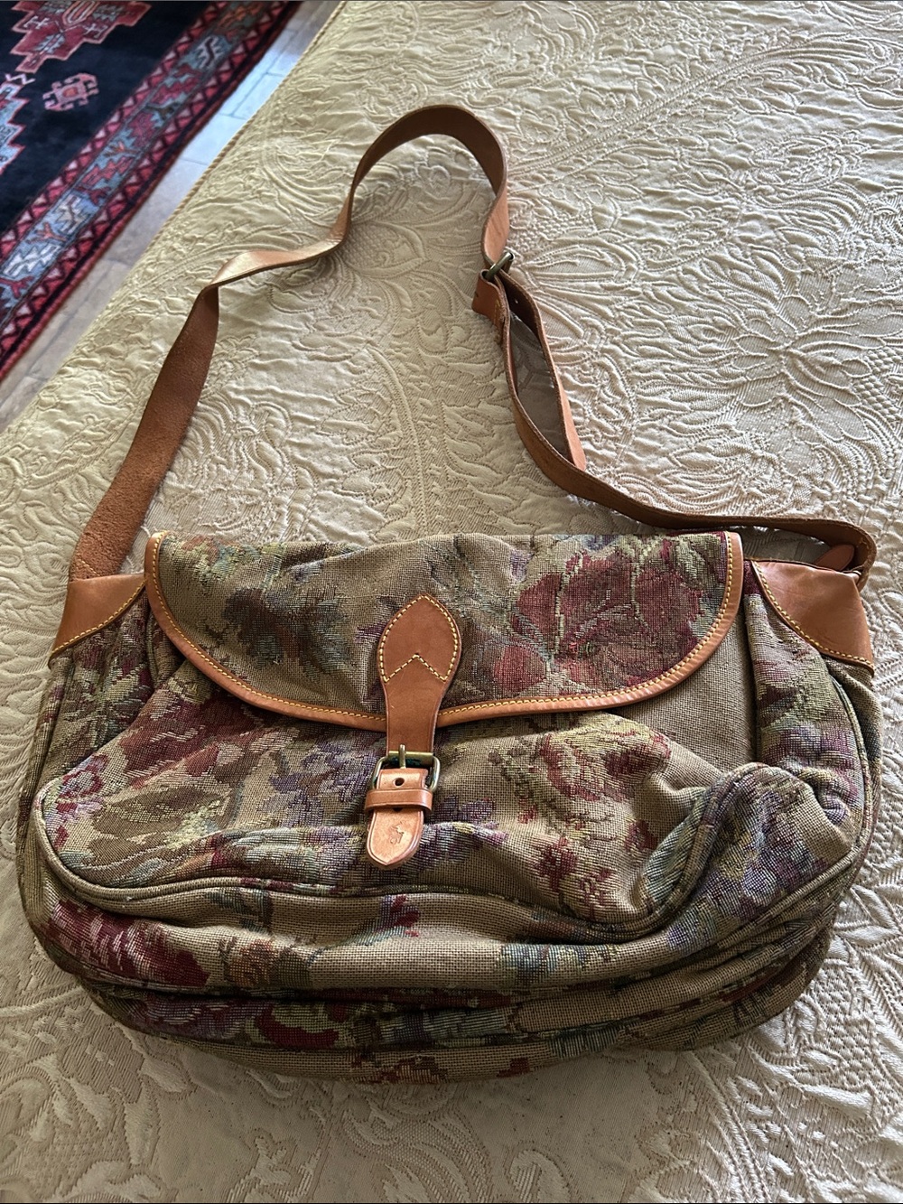 Polo by Ralph Lauren Floral Tapestry Crossbody Bag in Tan and Muted Red